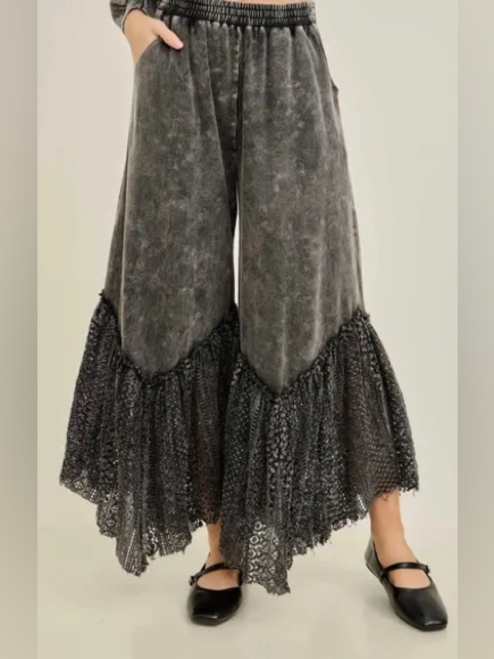 J.Her Acid Wash Black Wide Leg Lace Hem Cotton Pants Black Gray Boho Size Small